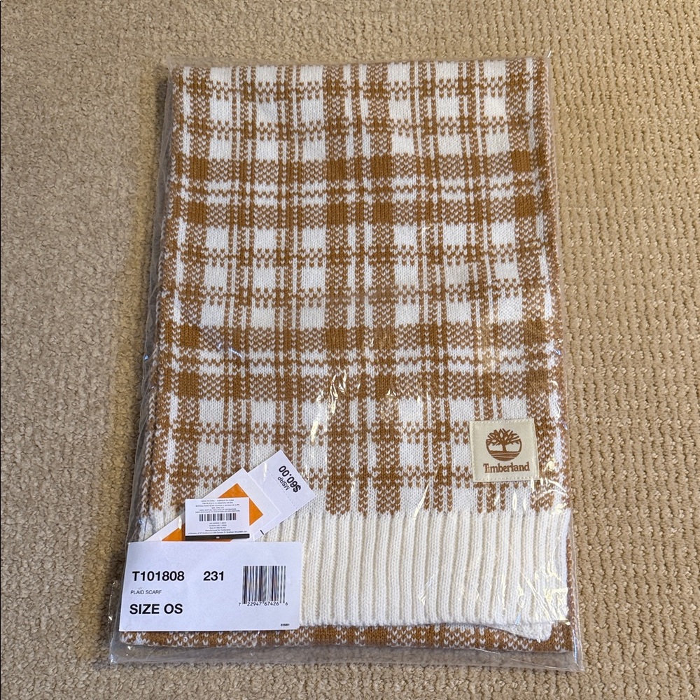 Timberland Checkered Scarf in Tan and Cream